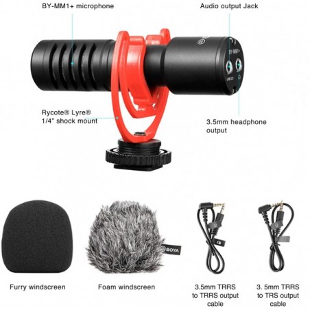 Micrófono BOYA BY-MM1+ Super cardioide condensador para cámaras, celulares y grabadoras