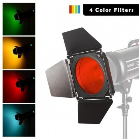 Kit de Barn door GODOX BD-04 Incluye olla, grilla y filtros de colores (Montura Bowens)