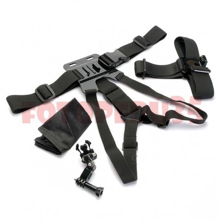 3 en 1 Accesorios Gopro: Correa elástica para el pecho, correa para la cabeza, base ajustable de 3 ejes y bolsa de nylon.