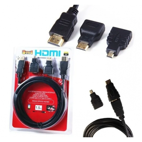 Cable HDMI de 1.5m - Incluye adaptador mini HDMI y adaptador micro HDMI