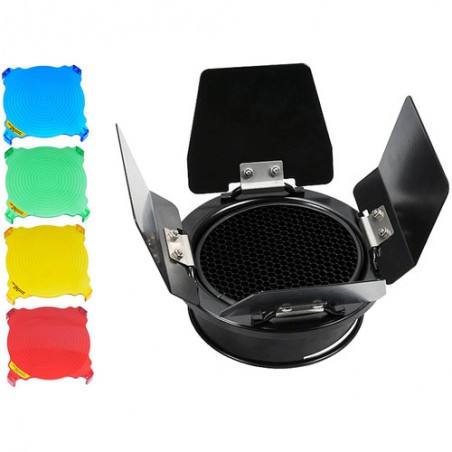 Pack GODOX BD-03 de Barn door, grilla y filtros de color - Montura universal