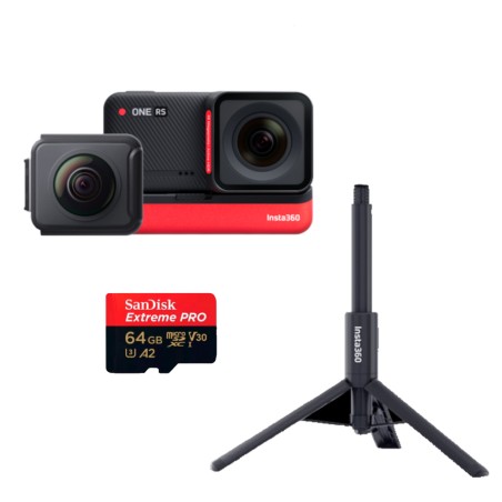 Pack de Cámara INSTA360 ONE RS Twin Edition + Invisible Selfie Stick 2 en 1+ Memoria de 64GB