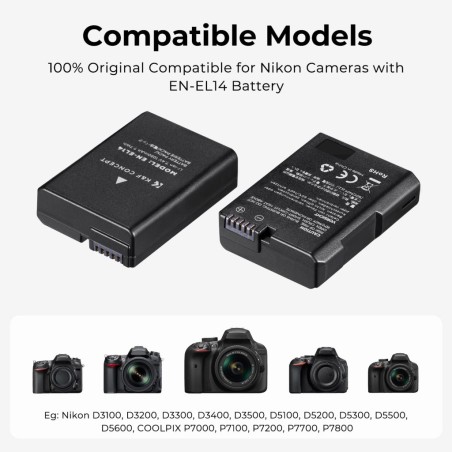 Pack de 2 baterías tipo Nikon EN-EL14 y cargador dual K&F CONCEPT  - 1050mAh
