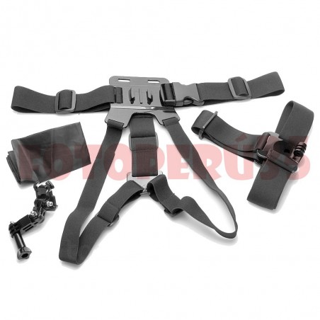 3 en 1 Accesorios Gopro: Correa elástica para el pecho, correa para la cabeza, base ajustable de 3 ejes y bolsa de nylon.
