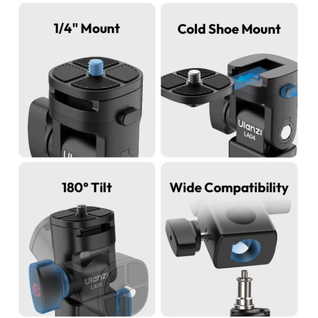 Sujetador ULANZI LA04 para parante - Con entrada de rosca de 1/4" y Hotshoe - Para luces led, flashes, cámaras, etc
