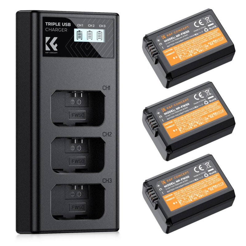 Pack de 3 baterías tipo Sony NP-FW50 y cargador triple K&F CONCEPT  - 1100mAh