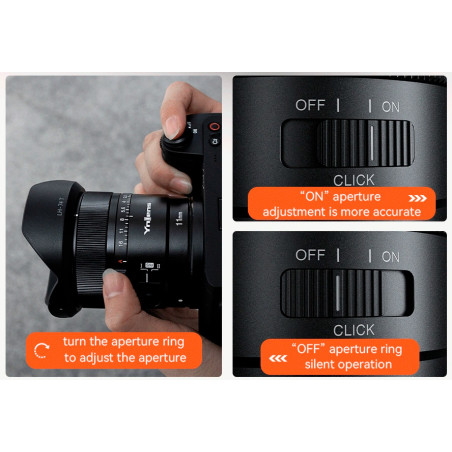Lente Yongnuo YN 11mm f/1.8 DA DSM para Sony montura E - APS-C - Incluye tapasol y control remoto de enfoque