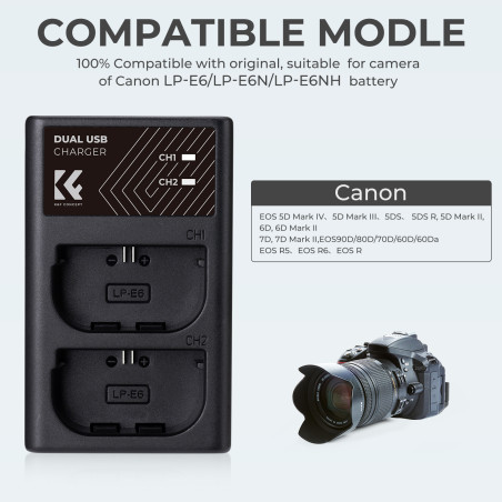 Cargador dual K&F CONCEPT tipo Canon LP-E6 LP-E6N LP-E6NH