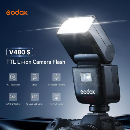 Flash portátil GODOX V480 Canon Nikon Sony (incluye batería y cargador)