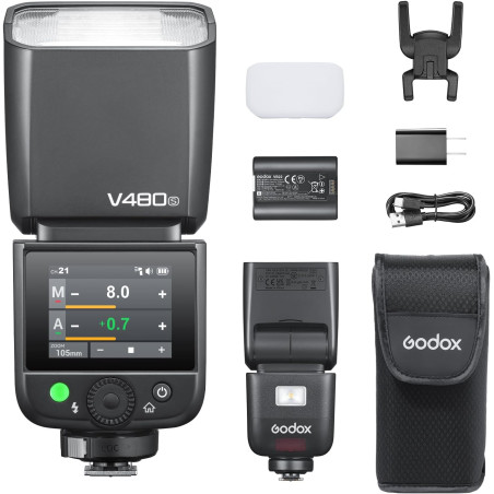 Flash portátil GODOX V480 Canon Nikon Sony (incluye batería y cargador)