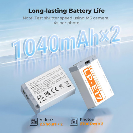 Pack de 2 baterías K&F CONCEPT tipo Canon LP-E17 - 1040mAh - Con conector USB Tipo C